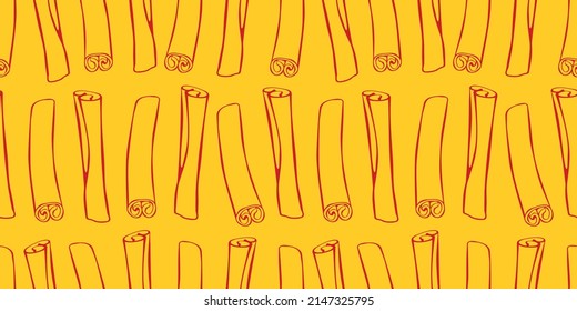 Vector seamless pattern of contour cinnamon stick in doodle style. Texture with seasoning, spice, ingredient