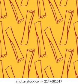 Vector seamless pattern of contour cinnamon stick in doodle style. Background or texture with seasoning, spice, ingredient for baking, hot drinks, aromatherapy, cooking