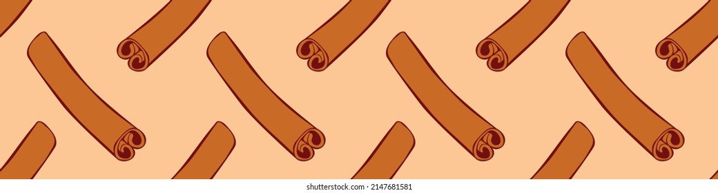 Vector seamless pattern of contour cinnamon stick in flat style. Background or texture with seasoning, spice, ingredient for baking, hot drinks, aromatherapy, cooking