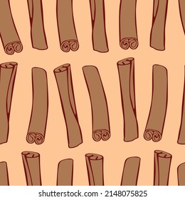 Vector seamless pattern of contour cinnamon stick in flat style. Background or texture with seasoning, spice, ingredient for baking, hot drinks, aromatherapy, cooking