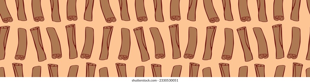 Vector seamless pattern of contour cinnamon stick in flat doodle style. Background or texture with seasoning, spice, ingredient for baking, hot drinks, aromatherapy, cooking