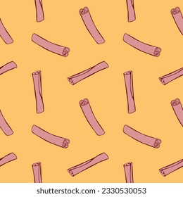 Vector seamless pattern of contour cinnamon stick in flat doodle style. Background or texture with seasoning, spice, ingredient for baking, hot drinks, aromatherapy, cooking