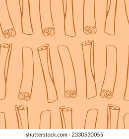 Vector seamless pattern of contour cinnamon stick in doodle style. Background or texture with seasoning, spice, ingredient for baking, hot drinks, aromatherapy, cooking