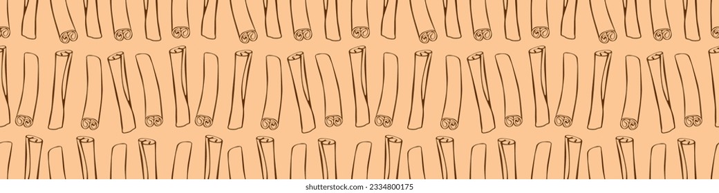 Vector seamless pattern of contour cinnamon stick in doodle style. Background or texture with seasoning, spice, ingredient for baking, hot drinks, aromatherapy, cooking