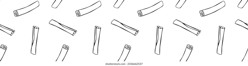 Vector seamless pattern of contour cinnamon stick in doodle style. Background or texture with seasoning, spice, ingredient for baking, hot drinks, aromatherapy, cooking