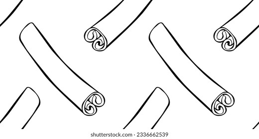 Vector seamless pattern of contour cinnamon stick in doodle style. Background or texture with seasoning, spice, ingredient for baking, hot drinks, aromatherapy, cooking