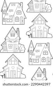 Vector seamless pattern with a contour country houses on white background. Monochrome texture with outline dollhouse with front view for fabric. Line art architectural wallpaper