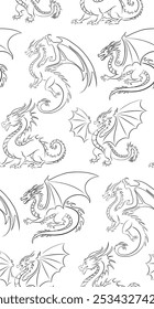 Vector seamless pattern with contour dragons. Texture of black outline dragon with wings on white background. Background with mythological fairy tale monsters. Wallpaper chinese zodiac.