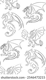 Vector seamless pattern with contour dragons. Texture of black outline dragon with wings on white background. Background with mythological fairy tale monsters. Medieval wallpaper