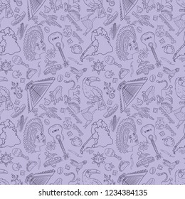 vector seamless pattern, contour drawing on the theme of South America, animals, people, buildings, plants, holidays, map of the continent, the background can be on a separate layer