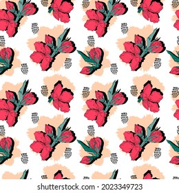 vector seamless pattern contour floral  with opened leaves and buds on a contrasting background with dots. Botanical illustration for fabrics, textiles, wallpapers, papers, backgrounds.