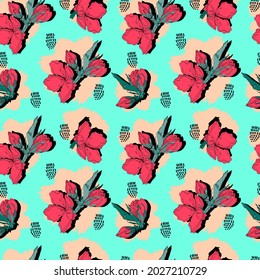 vector seamless pattern contour floral  with opened leaves and buds on a contrasting background with dots. Botanical illustration for fabrics, textiles, wallpapers, papers, backgrounds.