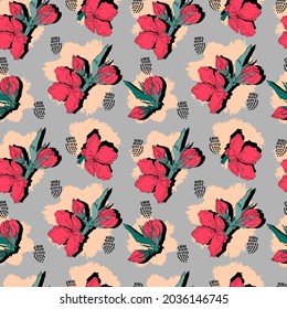 el contorno de patrón sin costura vectorial es floral con hojas abiertas y brotes en un fondo contrastante con puntos. Ilustración botánica para telas, textiles, papel pintado, papeles, antecedentes.