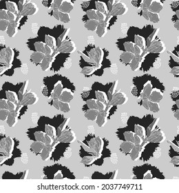 Vektor nahtlose Muster Kontur Blüte mit geöffneten Blättern und Knospen auf einem kontrastreichen Hintergrund mit Punkten. Botanische Illustration für Stoffe, Textilien, Wallpaper, Papiere, Hintergründe.