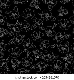 vector seamless pattern contour floral  with opened leaves and buds on a contrasting background . Botanical illustration for fabrics, textiles, wallpapers, papers, backgrounds.