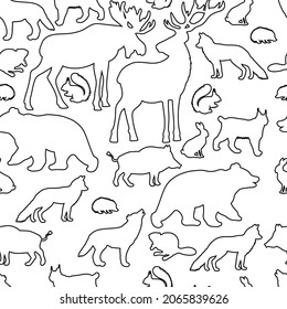 Vector seamless pattern with contour of forest animals, coloring page for children and adults