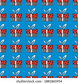 Vector Seamless pattern with contour gift box in doodle flat style. Hand drawn presents on holidays backgrounds and textures. For xmas, birthday, new year, greeting cards, wrapping paper, textile