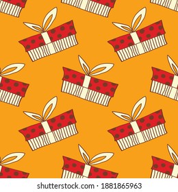 Vector Seamless pattern with contour gift box in doodle flat style. Hand drawn presents on holidays backgrounds and textures. For xmas, birthday, new year, greeting cards, wrapping paper, textile