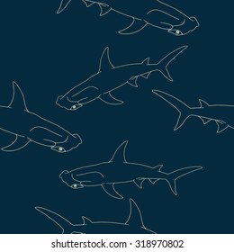 Vector seamless pattern with contour hammerhead sharks