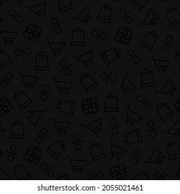 Vector seamless pattern with contour icons of gift, percent, grocery carts and shopping bag isolated on black background.