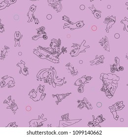 vector seamless pattern contour illustration Doodle funny little men in the style of Chibi with horns in a variety of situations background is isolated