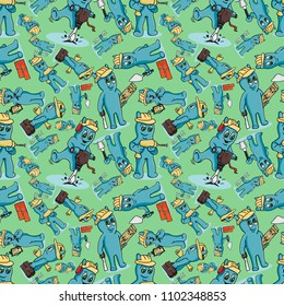 vector seamless pattern contour illustration of funny Doodle little men in Chibi style with horns in different construction situations with tools background isolated