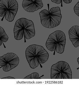 vector seamless pattern contour leaves and herbs on a contrasting grey  background.Black grey background