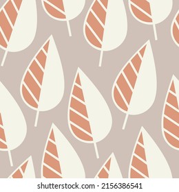 Vector Seamless Pattern. Contour Leaves Background. Graphic Leaf Illustration. Minimal Abstract Beige Floral Wallpaper. Botanical Geometric Texture Backdrop. Template For Print, Design, Banner, Card.