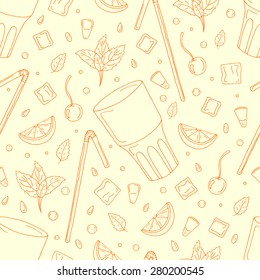 Vector seamless pattern with contour lemonade ingredients; glass, lemon, lime, mint leaves, cherries, ice