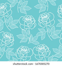 Vector seamless pattern with contour lines roses flowers on a turquoise background for textile, wallpaper