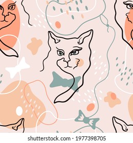 Vector seamless pattern with contour lines portrait of a cat. Modern line art pattern with colored spots. Design for printing on textiles, packaging, paper, wallpaper. 