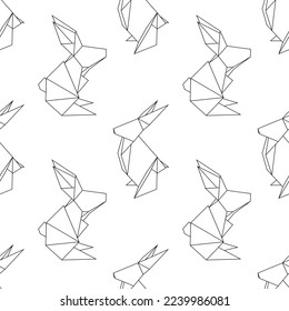 Vector seamless pattern with contour origami rabbits on white background. Texture with outline polygonal hares. Symbol of Chinese of New year. Paper folded animal. Backdrop for wallpaper and fabric