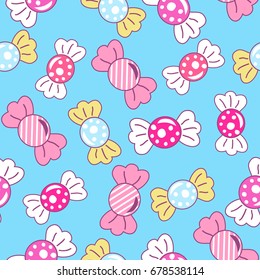 Vector seamless pattern with contour sweets and candies on blue background. Cute seamless pattern with colorful sweets