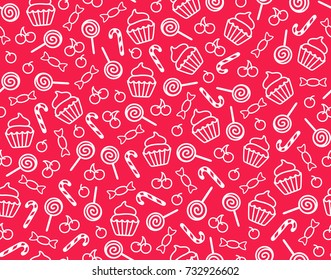 Vector seamless pattern with contour sweets and candies on pink background