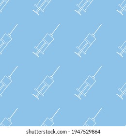 Vector seamless pattern with contour syringes. Hand drawn black outline doodle isolated. Medical background and texture. Equipment, vaccine to treat and protect against virus and vaccination