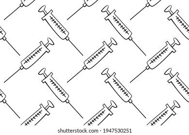 Vector seamless pattern with contour syringes. Hand drawn black outline doodle isolated. Medical background and texture. Equipment, vaccine to treat and protect against virus and vaccination