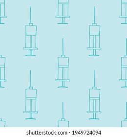 Vector seamless pattern with contour syringes. Hand drawn black outline doodle isolated. Medical background and texture. Equipment, vaccine to treat and protect against virus and vaccination