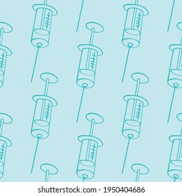 Vector seamless pattern with contour syringes. Hand drawn black outline doodle isolated. Medical background and texture. Equipment, vaccine to treat and protect against virus and vaccination