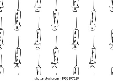 Vector seamless pattern with contour syringes. Hand drawn black outline doodle isolated. Medical background and texture. Equipment, vaccine to treat and protect against virus and vaccination