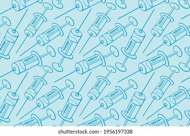 Vector seamless pattern with contour syringes. Hand drawn black outline doodle isolated. Medical background and texture. Equipment, vaccine to treat and protect against virus and vaccination