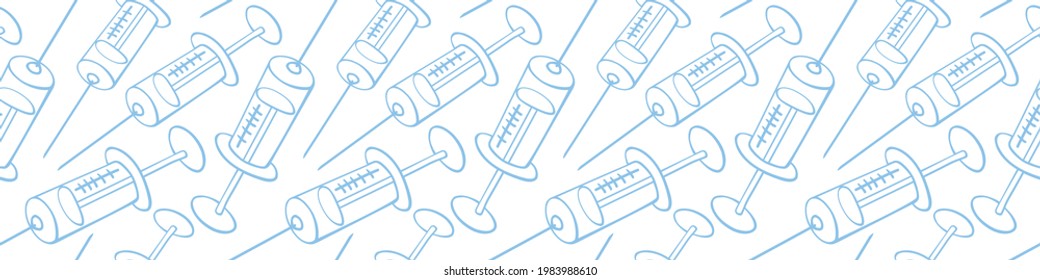 Vector seamless pattern with contour syringes. Hand drawn black outline doodle isolated. Medical background and texture. Equipment, vaccine to treat and protect against virus and vaccination