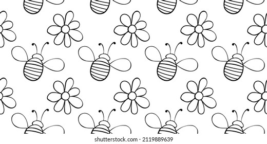 Vector seamless pattern of contoured fat little bees and flowers in doodle style. Cute cartoon honey insects on glade. Background and texture on theme of nature, spring, summer, children print
