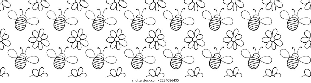 Vector seamless pattern of contoured fat little bees and flowers in doodle style. Cute cartoon honey insects on glade. Background and texture on theme of nature, spring, summer, children print