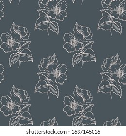 Vector seamless pattern with contours blooming flowers on a dark background. Floral wallpaper. Texture for textile or wrapping. 