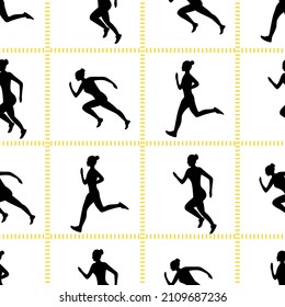 Vector seamless pattern. The contours of the girls in various poses of running are highlighted with yellow squares on a white isolated background. 