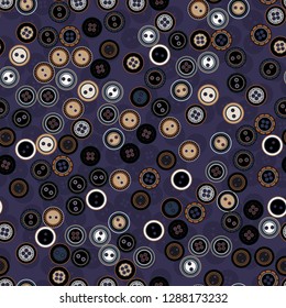 Vector seamless pattern. Contrast colors with black and orange details on blue. Cute cartoon illustration of scattered buttons. Design for textile, wrapping, greetings cards, any backgrounds etc.