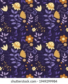 vector seamless pattern in contrast yellow and purple colour scheme of tribal and ethnic stylized flowers. contrast bright colors