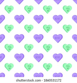 Vector seamless pattern with conversation hearts for Valentine Day. Green and violet sweethearts for February, 14.