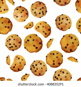 Vector seamless pattern cookies with chocolate watercolor hand drawn. Hand made hand drawn cookies with chocolate isolated on white background.