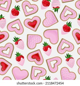 Vector seamless pattern of cookies in the form of hearts covered with glaze and strawberries covered with pink chocolate isolated on white background.